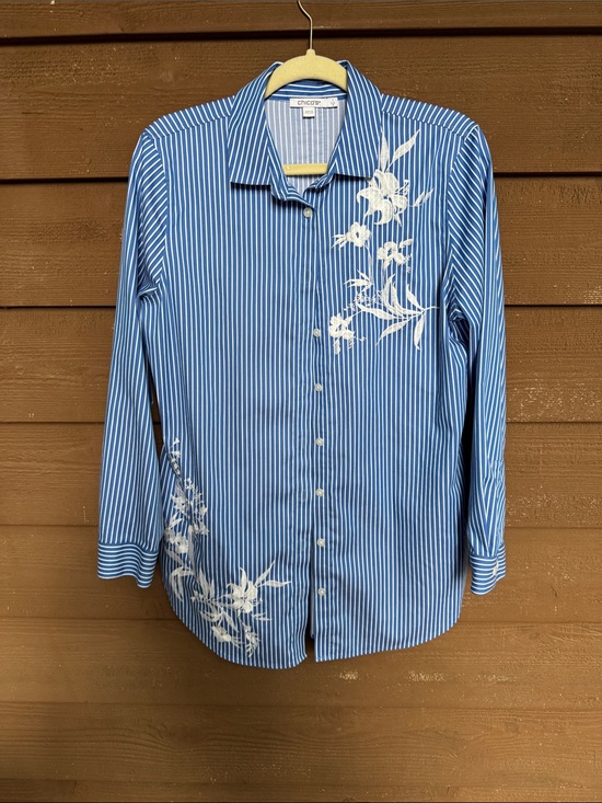 Chico's Tops - Chico's Blue and White Striped Button-Down with Floral Embroidery size 8